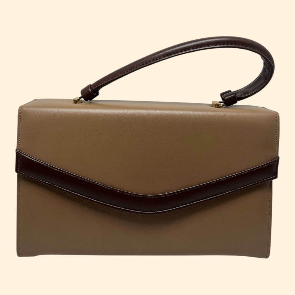 1960s Vintage Taupe Faux Leather Handbag with Brown Trim